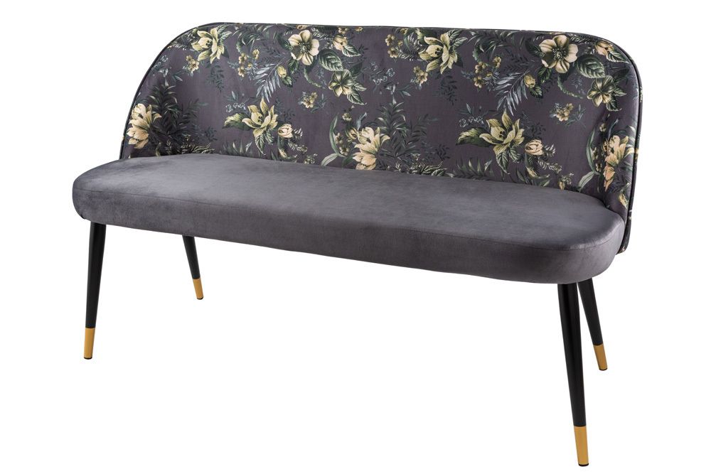 Design Bank PRÊT-À-PORTER grau Samt florales Muster und goldene Fußkappen