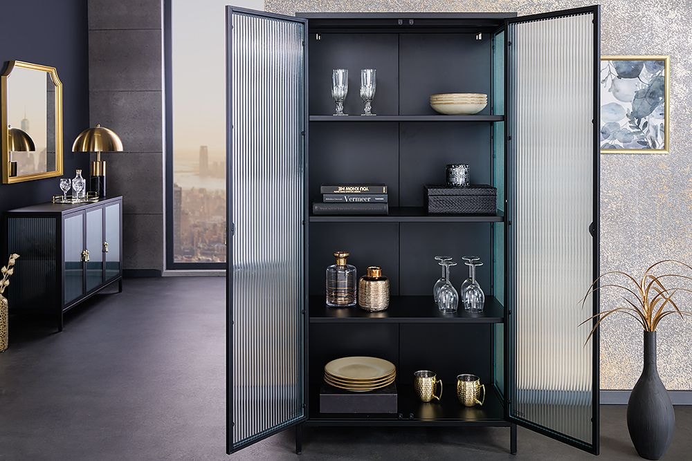 Moderne Vitrine AMSTERDAM 160cm schwarz gold Riffelglas Metall Highboard Schrank