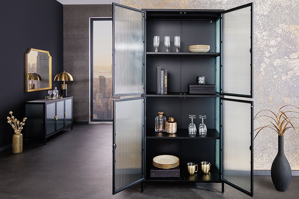 Moderne Vitrine AMSTERDAM 180cm schwarz gold Riffelglas Metall Highboard Schrank
