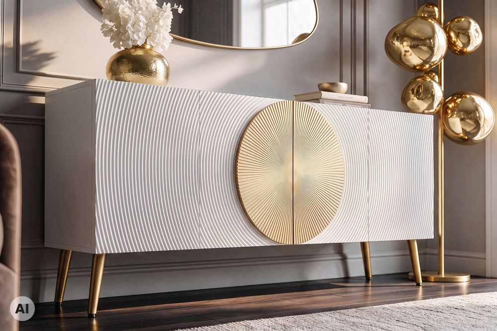 Massives Sideboard AURUM 180cm weiß Mangoholz mit ikonischem Gold-Element