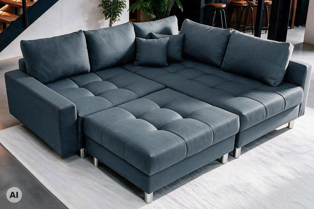 Moderne Wohnlandschaft KENT 220cm anthrazit Ecksofa Federkern inkl. Hocker und Kissen