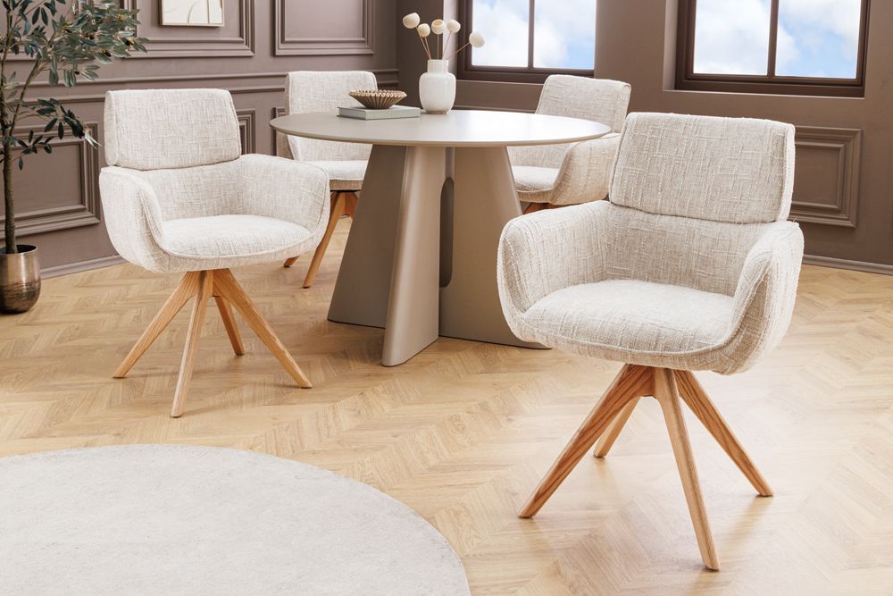 Drehbarer Stuhl UNIQUE beige Chenille Eichenholzbeine mit Armlehne