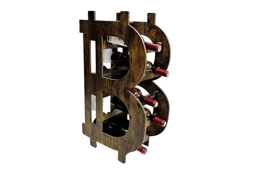 Stilvolles Weinregal BITCOIN 70cm natur Holzregal für 10 Flaschen und 4 Gläser