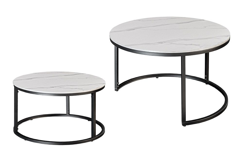 Rundes 2er Set Couchtische ELEGANCE 75cm weiß Keramik schwarz Metall