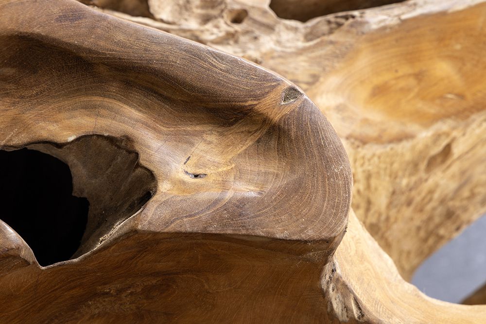 Runder Couchtisch ROOT 100cm natur Teak Massivholz aus Wurzelholz mit Glasplatte