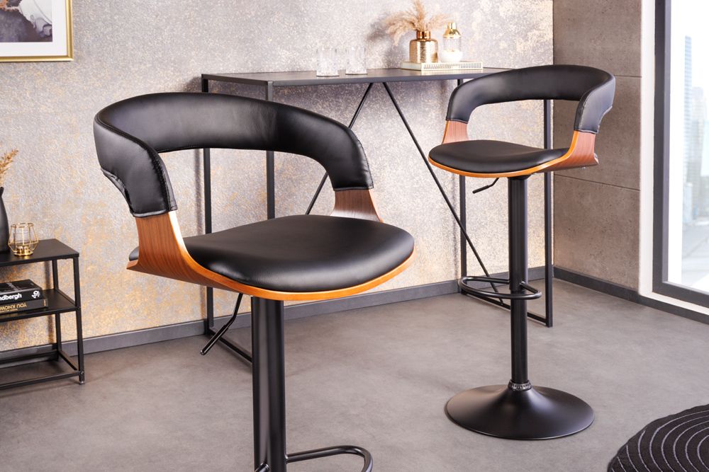 Retro Barhocker MANHATTAN schwarz Kunstleder Walnussholz drehbar höhenverstellbar