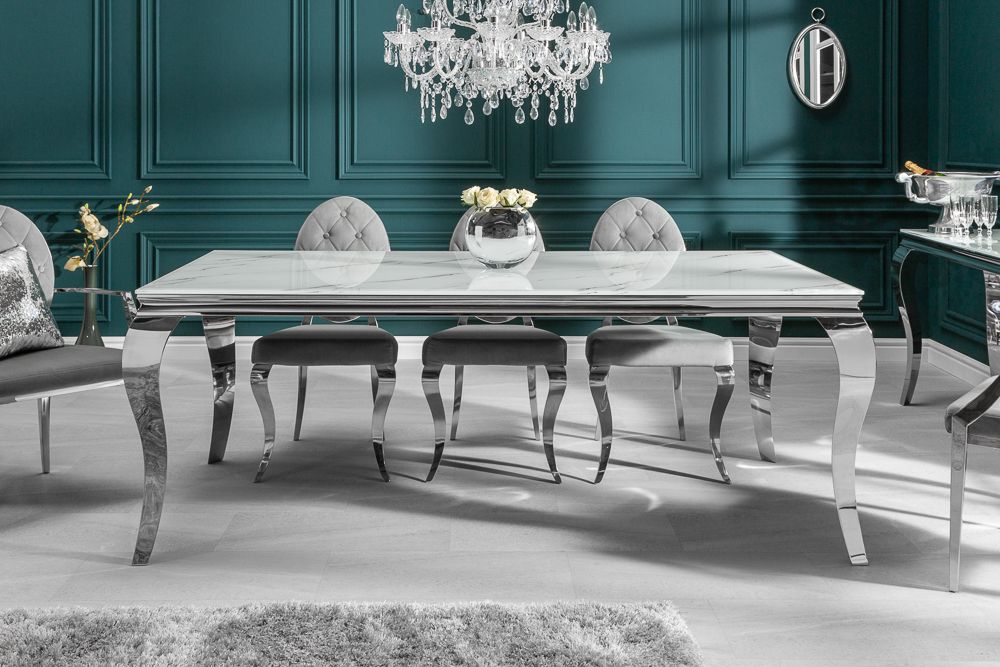 Design Esstisch MODERN BAROCK 180cm weiß chrom Glasplatte Marmor Edelstahlbeine » Jetzt kaufen