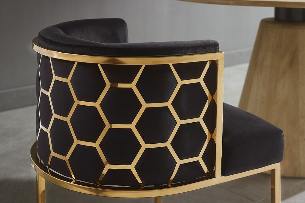 Stilvoller Stuhl ELEGANCE schwarz Samt gold Edelstahl mit Armlehne