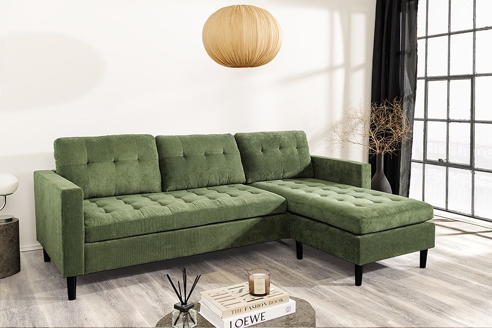 Retro Ecksofa STOCKHOLM 220cm grün Cordstoff Federkern 3-Sitzer