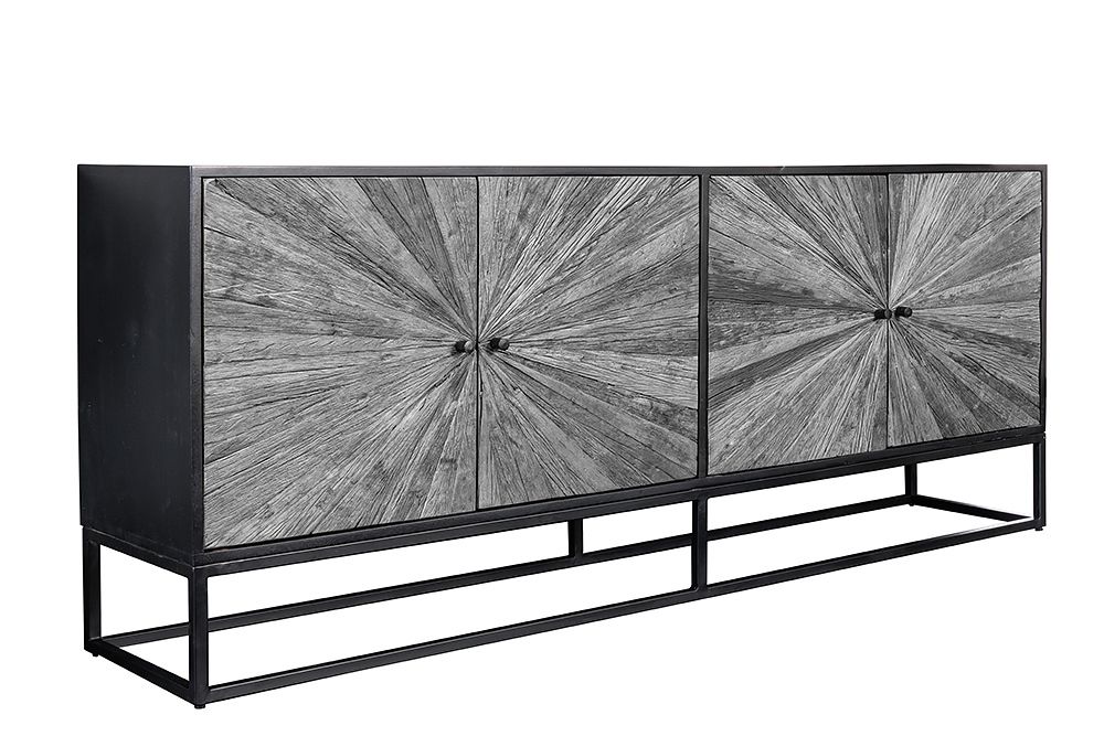 Massives Sideboard BARRACUDA 180cm grau Mangoholz mit Teakholz-Front schwarz Metall