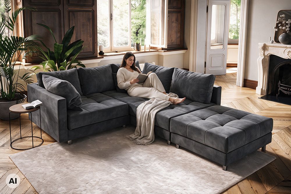 Hocker KENT 100cm grau Samt Taschenfederkern silberne Füße Sitzhocker Fußhocker