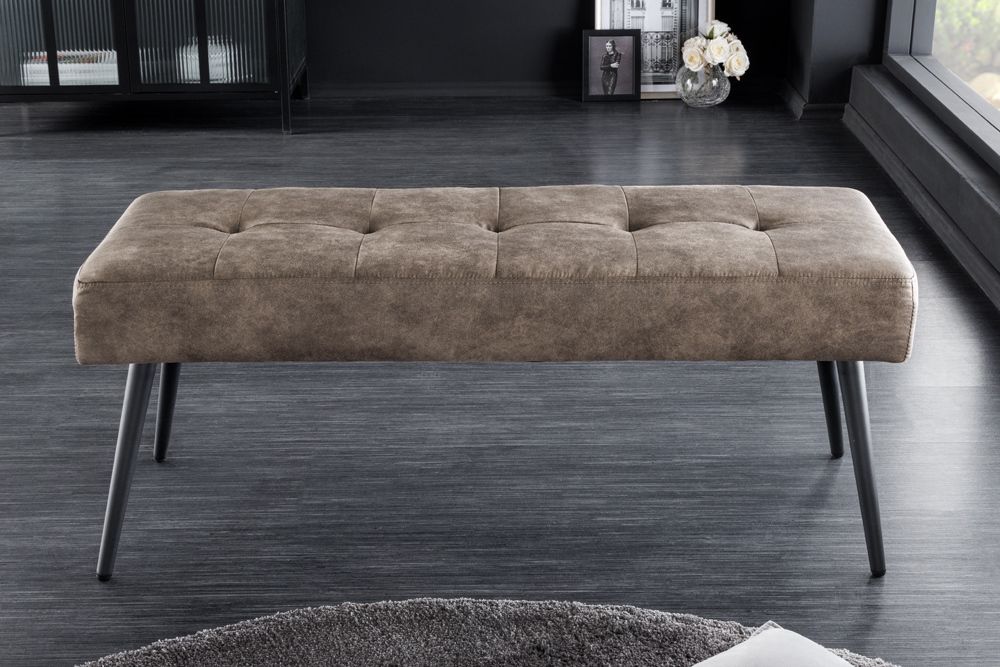 Design Sitzbank BOUTIQUE 100cm antik taupe Microfaser schwarze Metallbeine Polsterbank