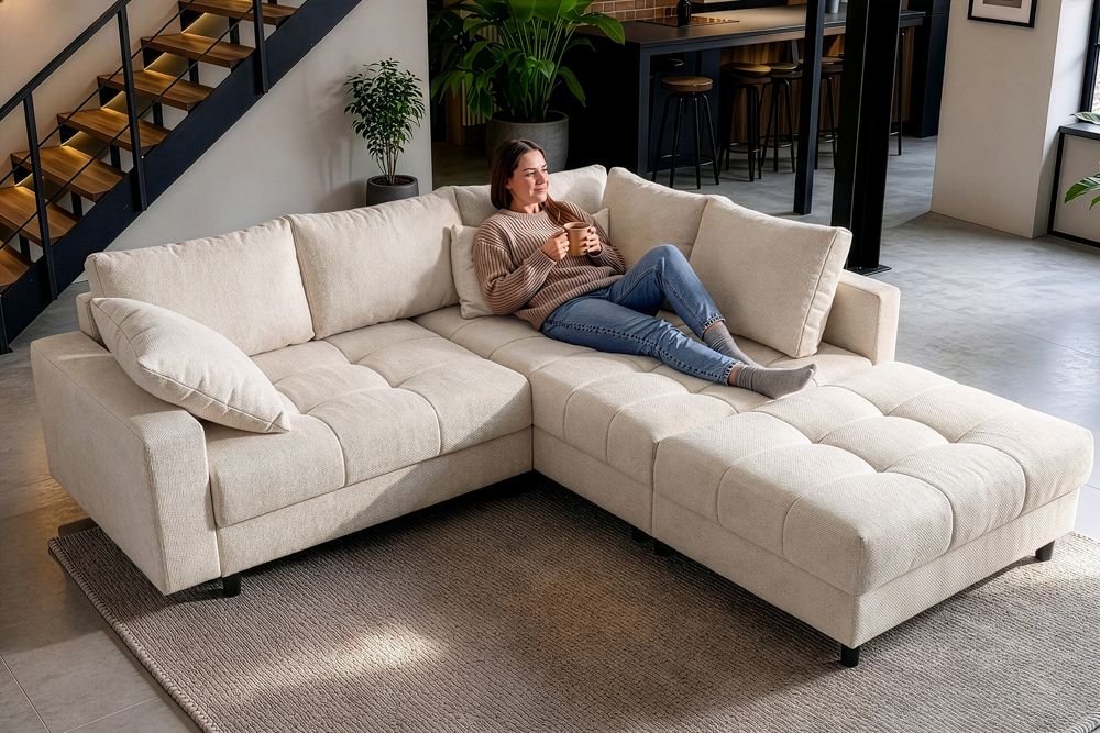 Ecksofa KENT 220cm champagner beige Chenille inkl. Hocker Federkern Wohnlandschaft