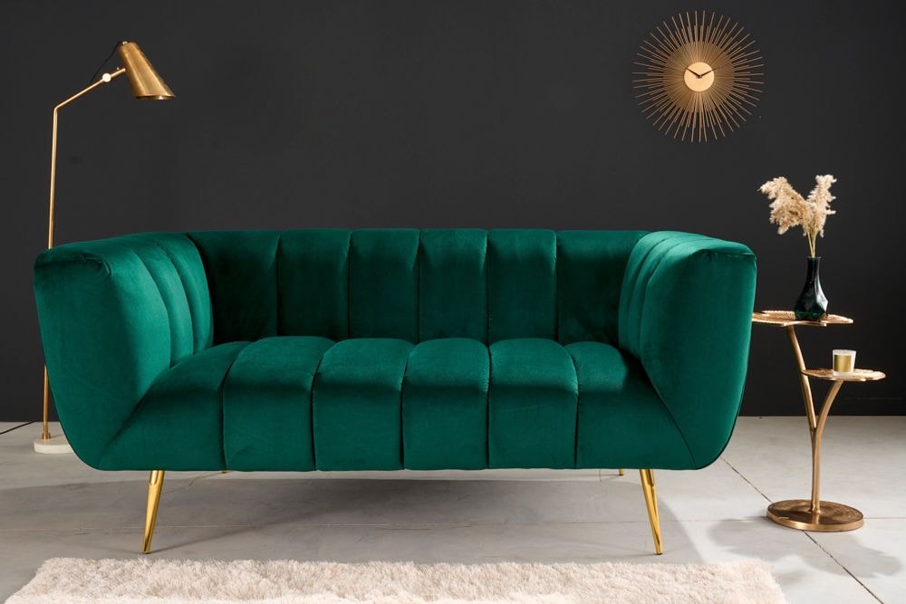 Design 2-Sitzer Sofa NOBLESSE 165cm smaragdgrün Samt Federkern goldene Metallfüße