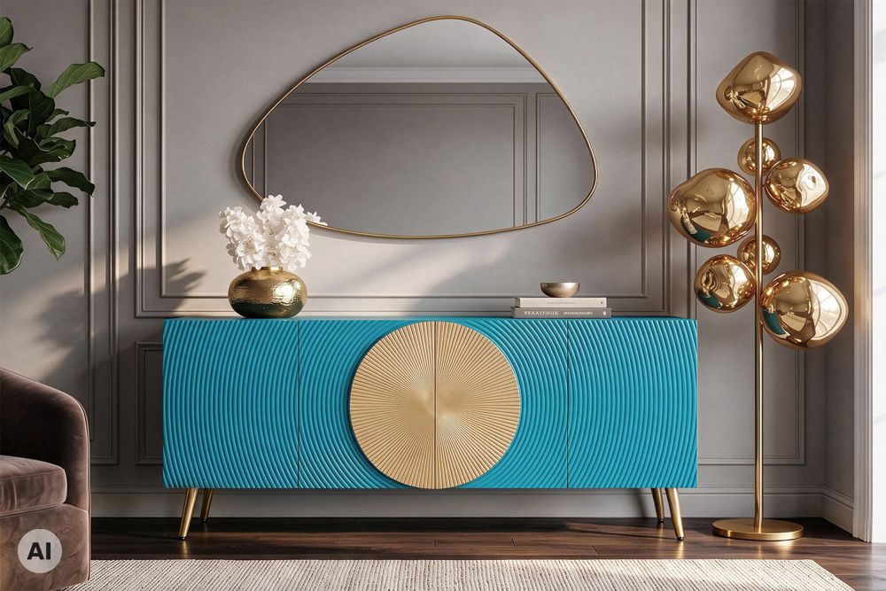 Massives Sideboard AURUM 180cm türkis Mangoholz mit ikonischem Gold-Element