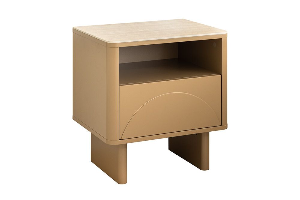 Design Nachttisch SAVOY 50cm grau beige greige Keramik Travertin Beistelltisch