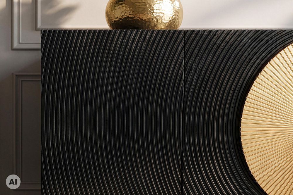 Massives Sideboard AURUM 180cm schwarz Mangoholz mit ikonischem Gold-Element