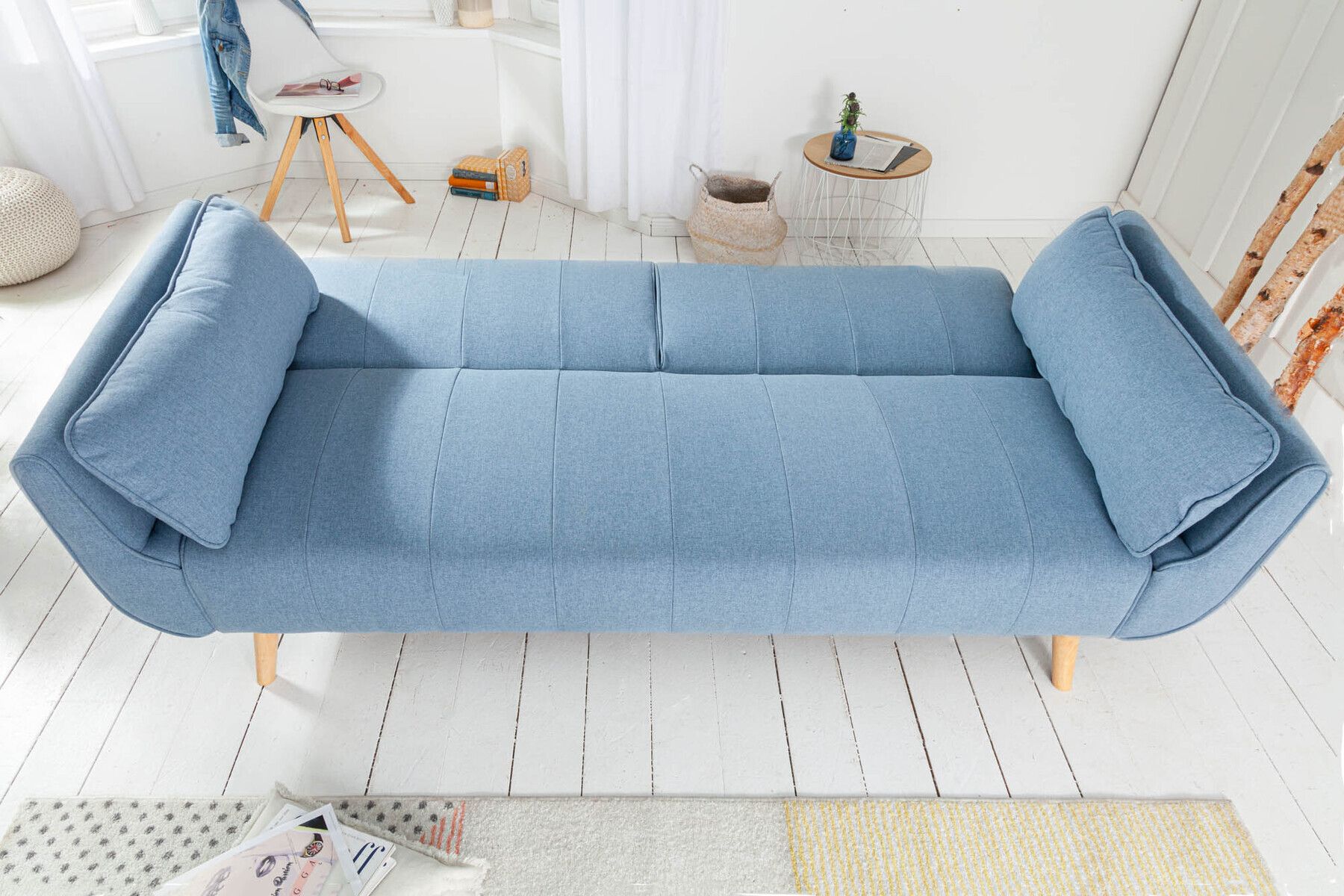 Design Schlafsofa DIVANI 220cm hellblau Strukturstoff Scandinavian 3-Sitzer mit Bettfunktion