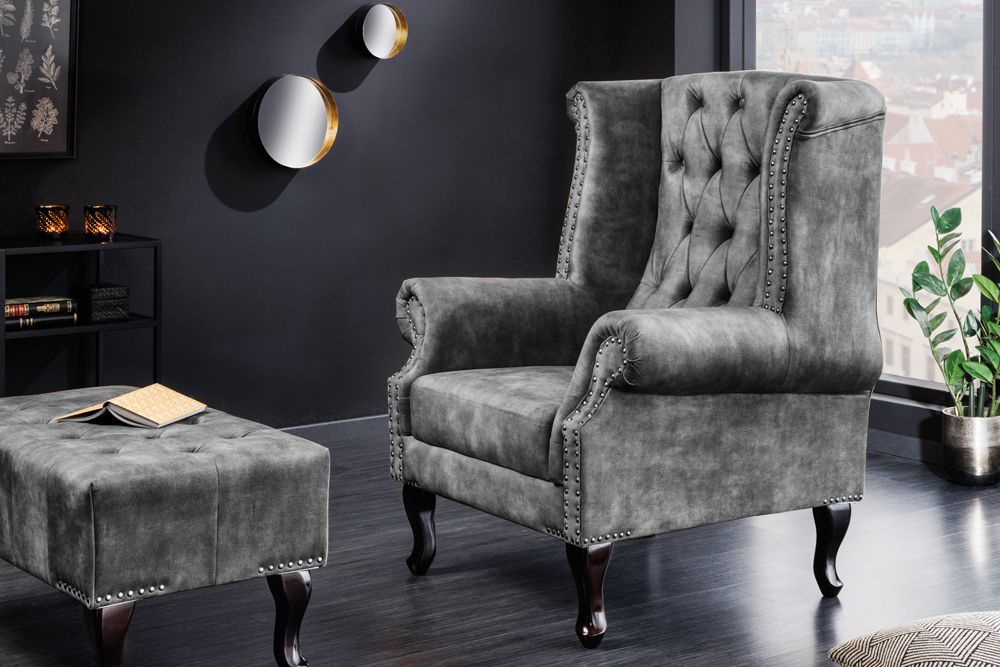 Design Ohrensessel CHESTERFIELD 105cm grau Samt silber Nieten