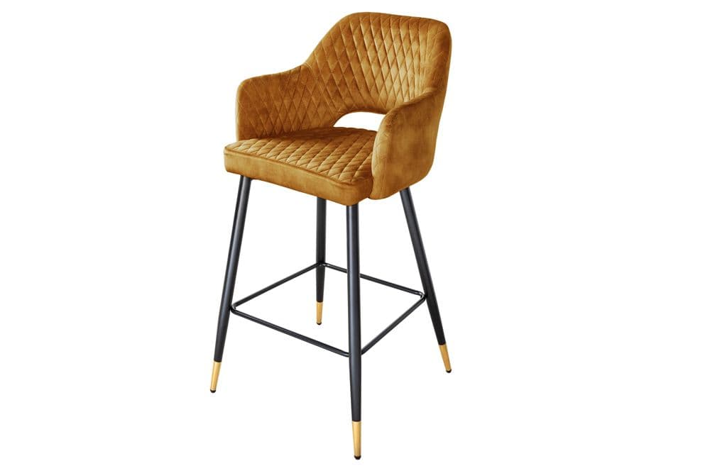 Design Barhocker PARIS senfgelb Samt mit Lehne Metall schwarz gold Ziersteppung