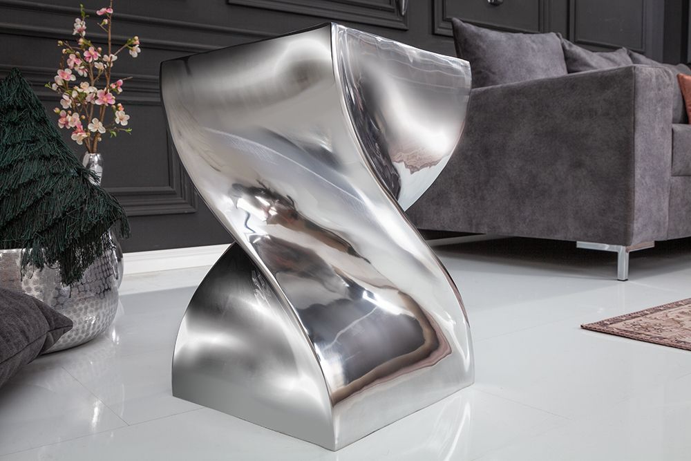 Skulp­tu­raler Beistelltisch TWIST 45cm silber Aluminium poliert Sitzhocker Modern Design