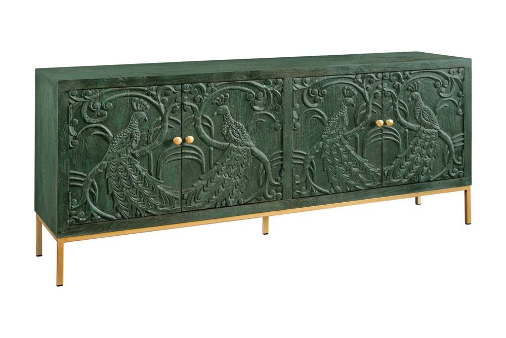 Massives Sideboard PEACOCK 175cm grün Mangoholz antik 3D Schnitzerei Pfau-Design