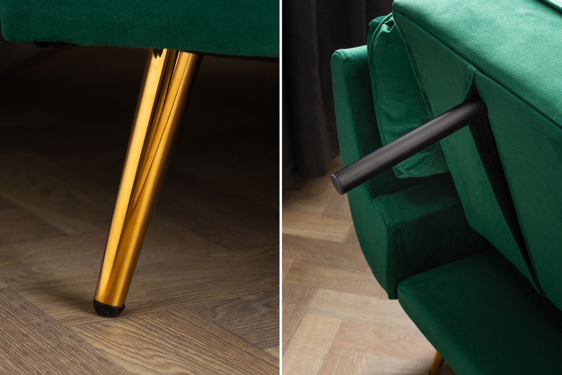 Retro Schlafsofa BOUTIQUE 215cm smaragdgrün Samt 3-Sitzer mit goldenen Füßen