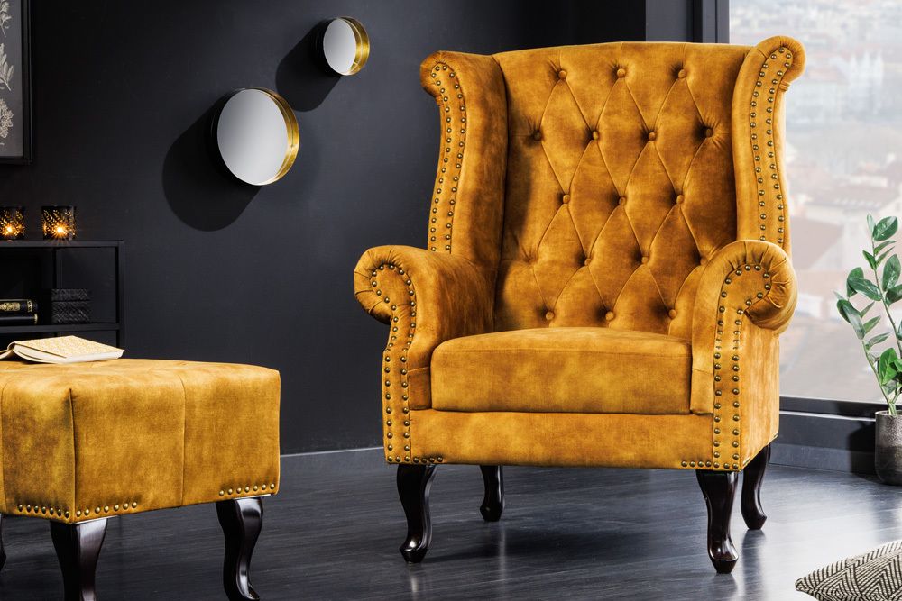 Design Ohrensessel CHESTERFIELD 85cm senfgelb Samt Knopfheftung
