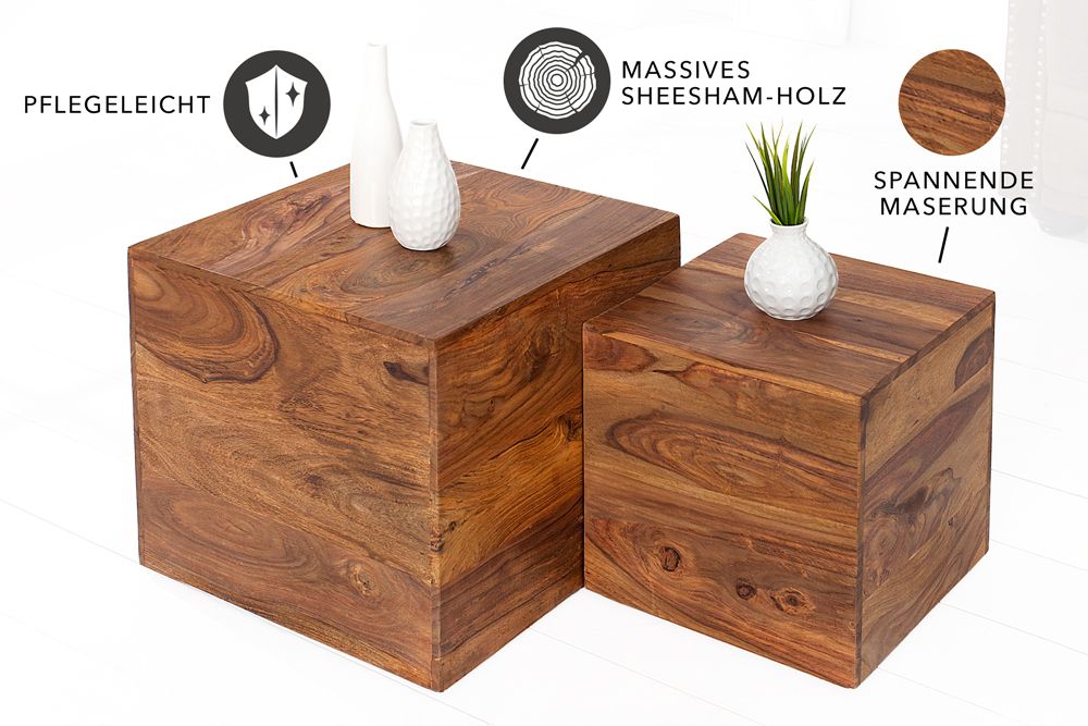 2er Set Beistelltische Würfel MAKASSAR 40cm braun Sheesham Massivholz stone finish