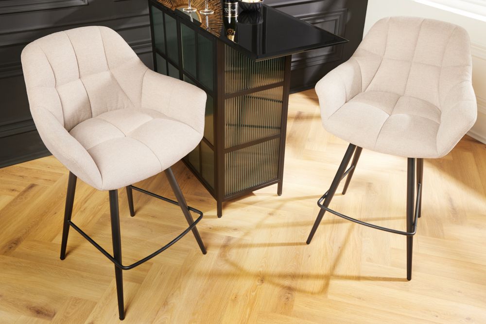 Drehbarer Barhocker PAPILLON champagner beige Barstuhl mit Lehne schwarze Metallbeine