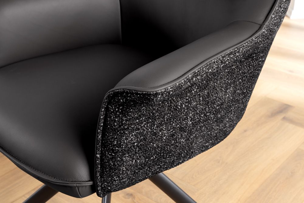 Drehbarer Stuhl LE GRAND schwarz Echtleder Strukturstoff Metallgestell mit Armlehne