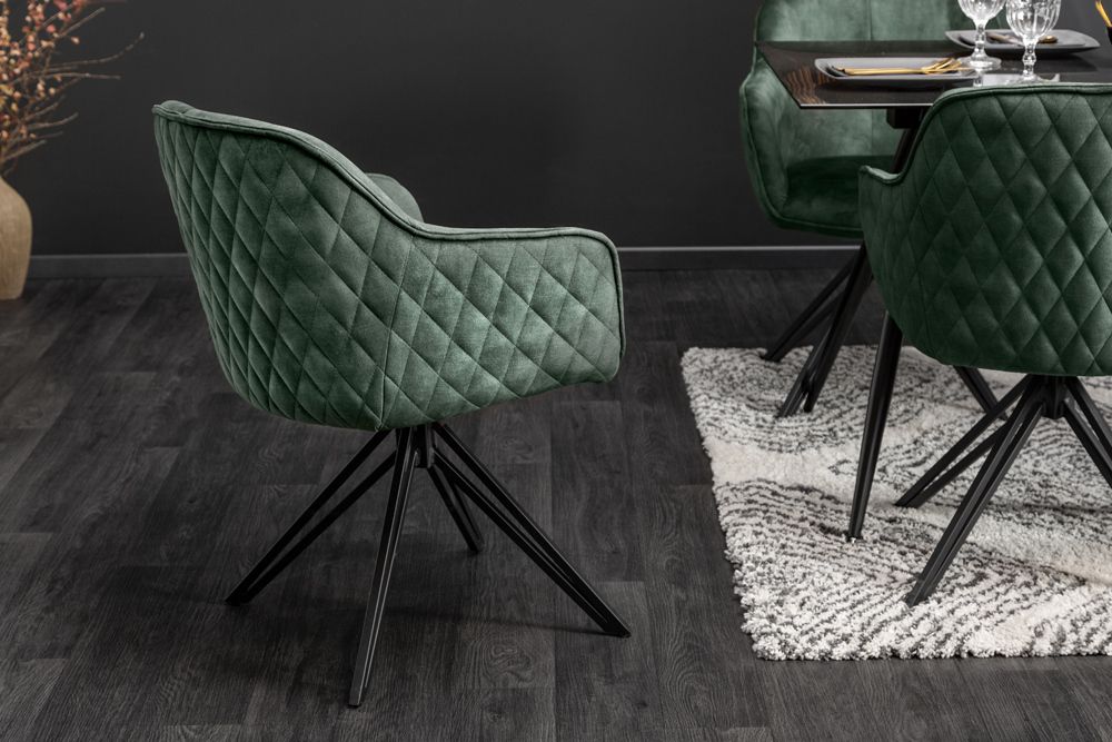 Drehbarer Design Stuhl EUPHORIA dunkelgrün Samt mit Armlehne Metallgestell schwarz
