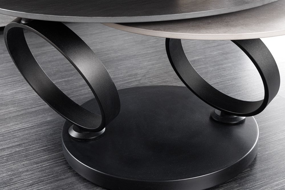 Design Couchtisch DANCING RINGS schwarz grau rund drehbar Keramik Metall