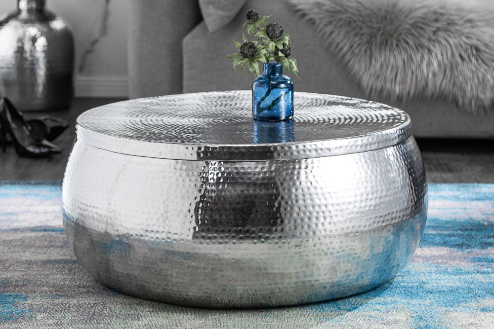Runder Couchtisch ORIENT STORAGE 70cm silber Metall mit Stauraum Hammerschlag Design handmade