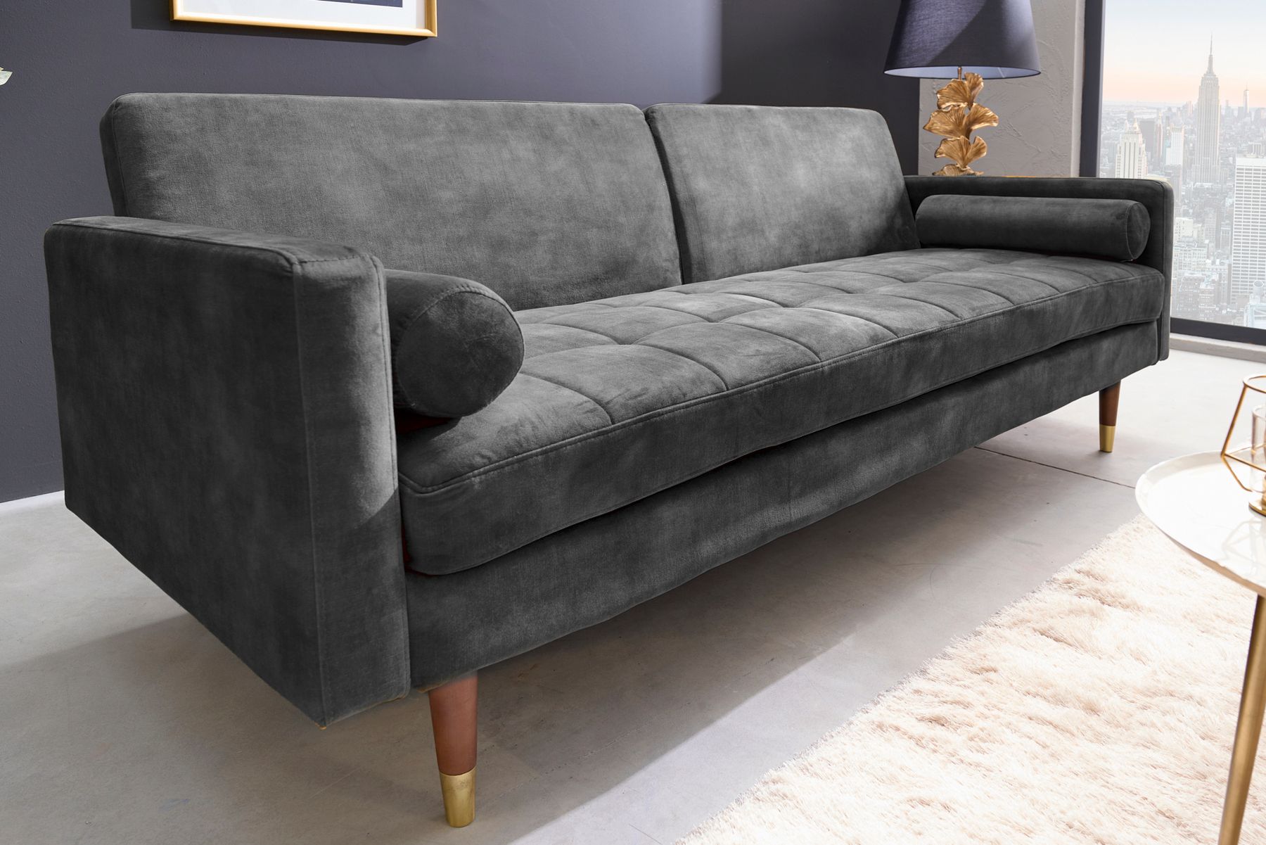 Modernes Schlafsofa COUTURE 200cm grau Microvelours 3-Sitzer Couch mit Schlaffunktion