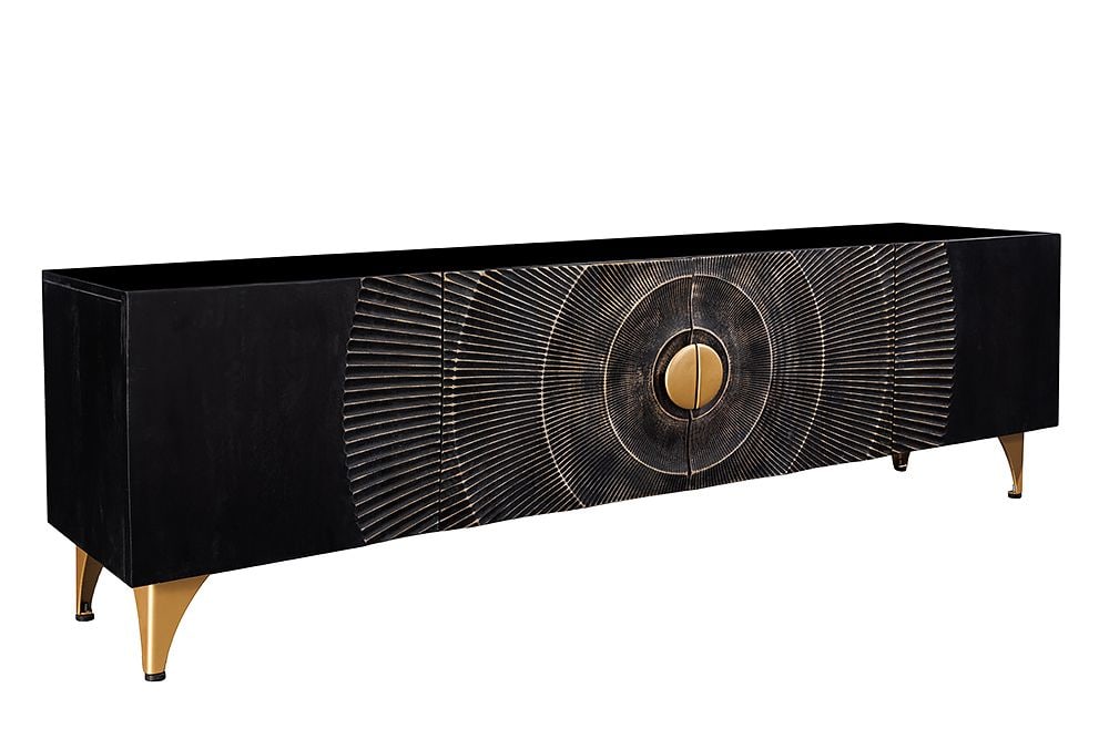 Handgearbeitetes TV-Lowboard GOLDEN SUNSET 180cm schwarz mit 3D Schnitzereien gold Mangoholz massiv Metallfüße