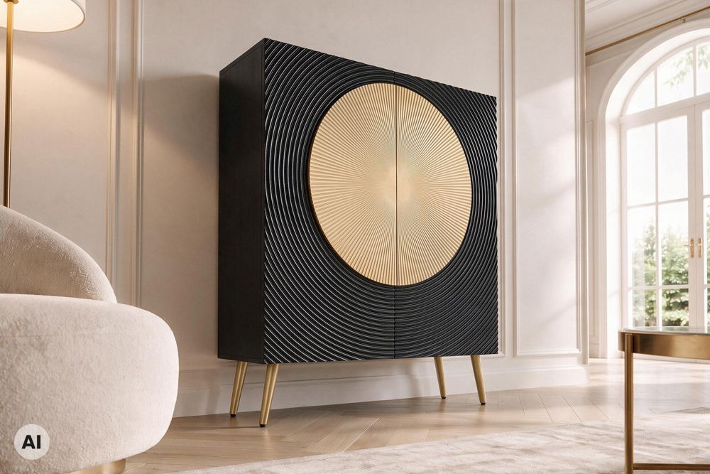 Massives Highboard AURUM 120cm schwarz Mangoholz mit ikonischem Gold-Element