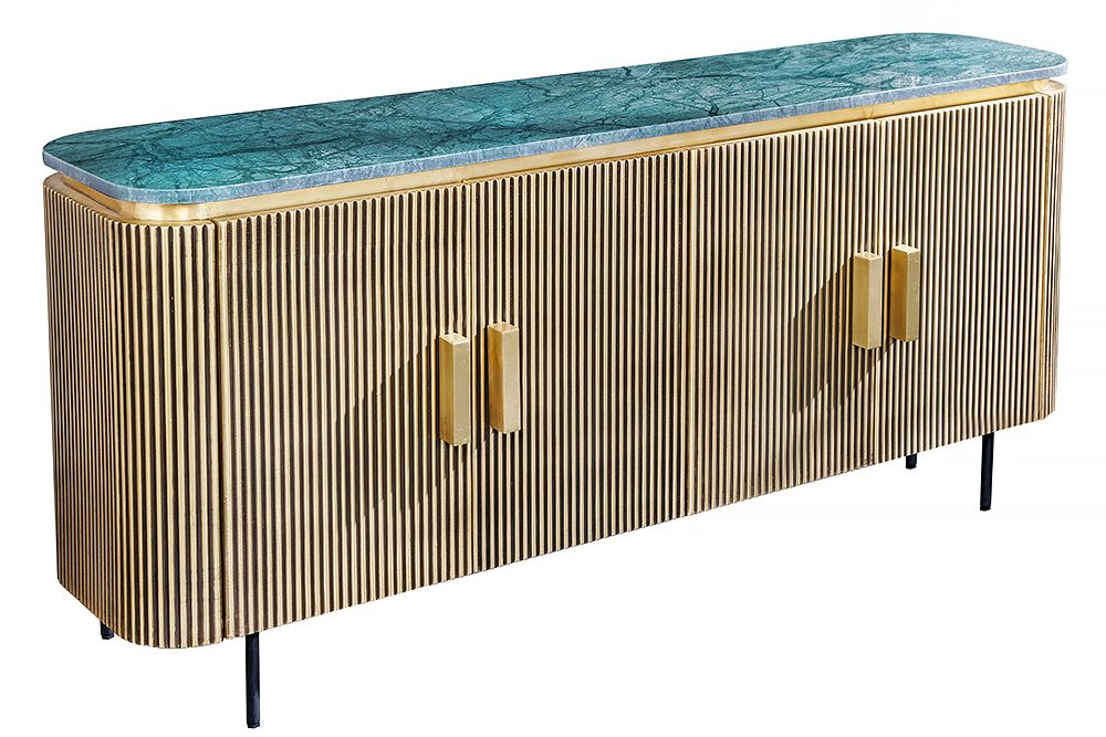 Design Sideboard VENEZIANO 160cm messing grün Marmorplatte Mangoholz Retro
