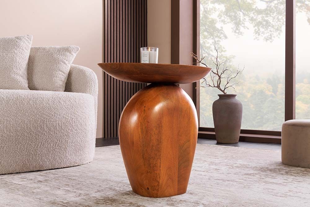 Massiver Beistelltisch ORGANIC 50cm braun Mangoholz oval Säulenfuß