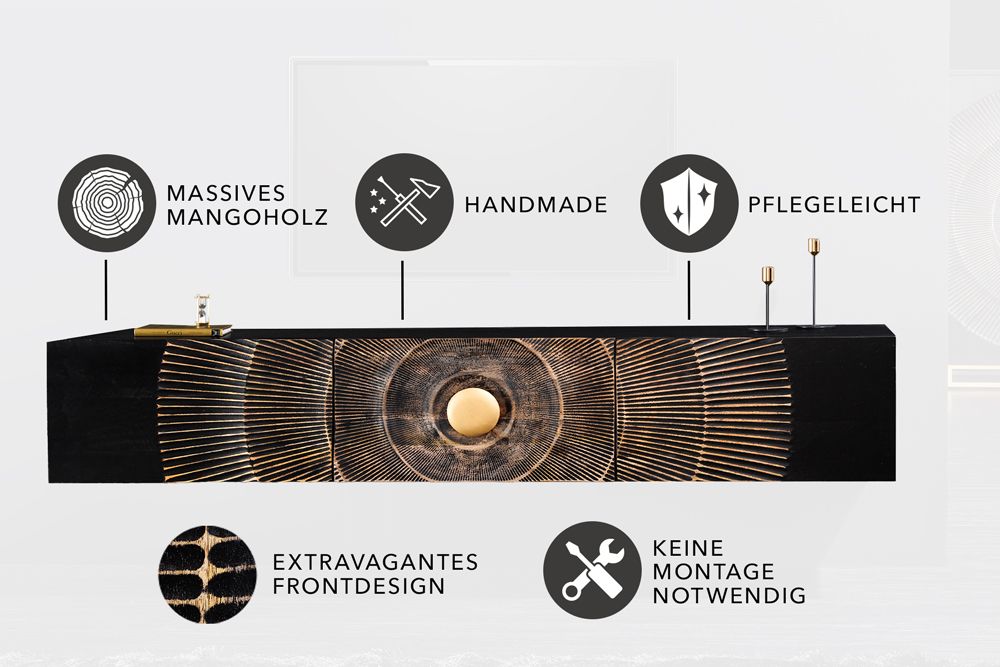 Hängendes TV-Lowboard GOLDEN SUNSET 160cm Mangoholz schwarz mit 3D Schnitzereien gold handmade