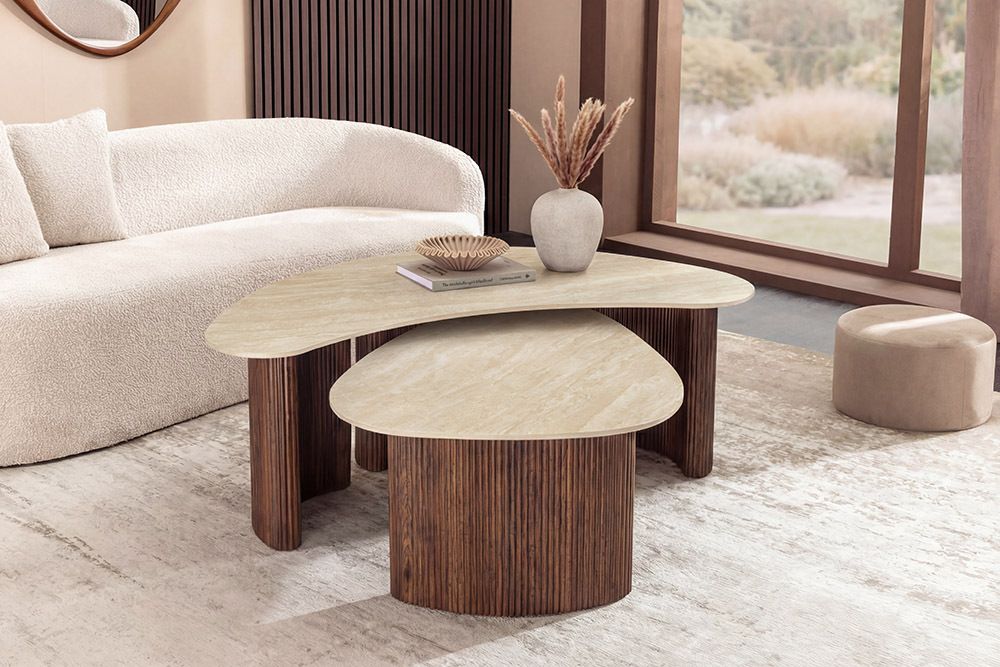 2er Set Couchtische OSAKA 120cm champagner greige Travertin Keramik Walnuss