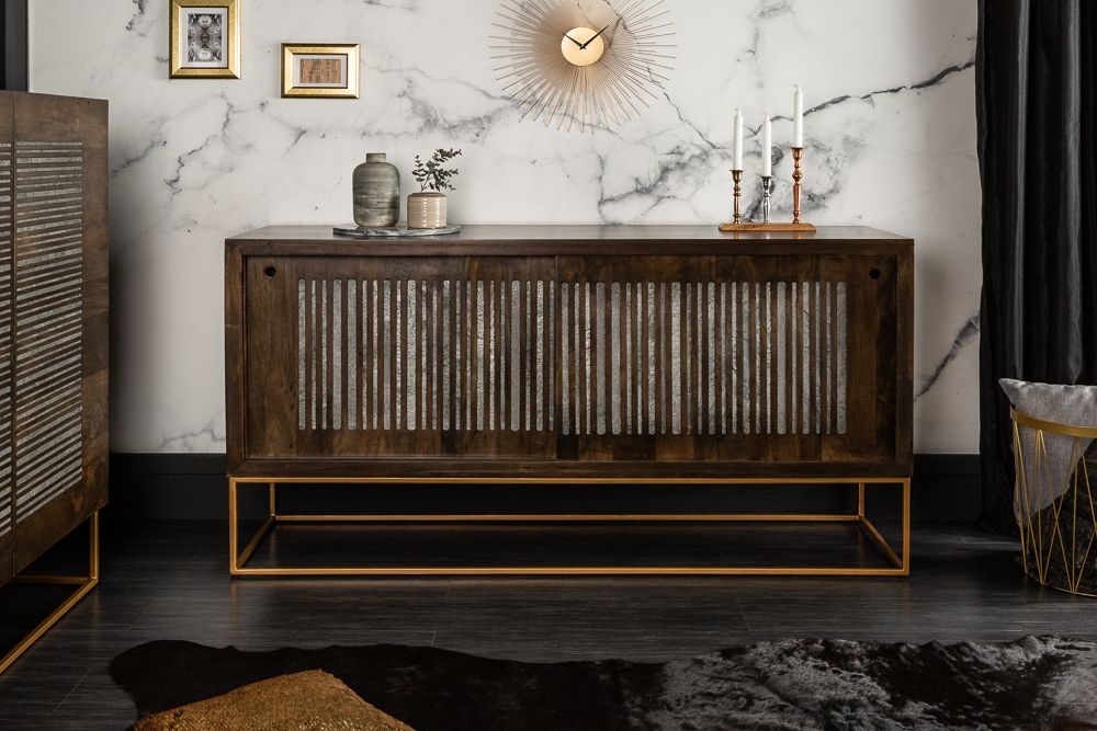 Massives Sideboard ONYX 160cm dunkelbraun gold Mangoholz Edelstein Achat Schiebetüren