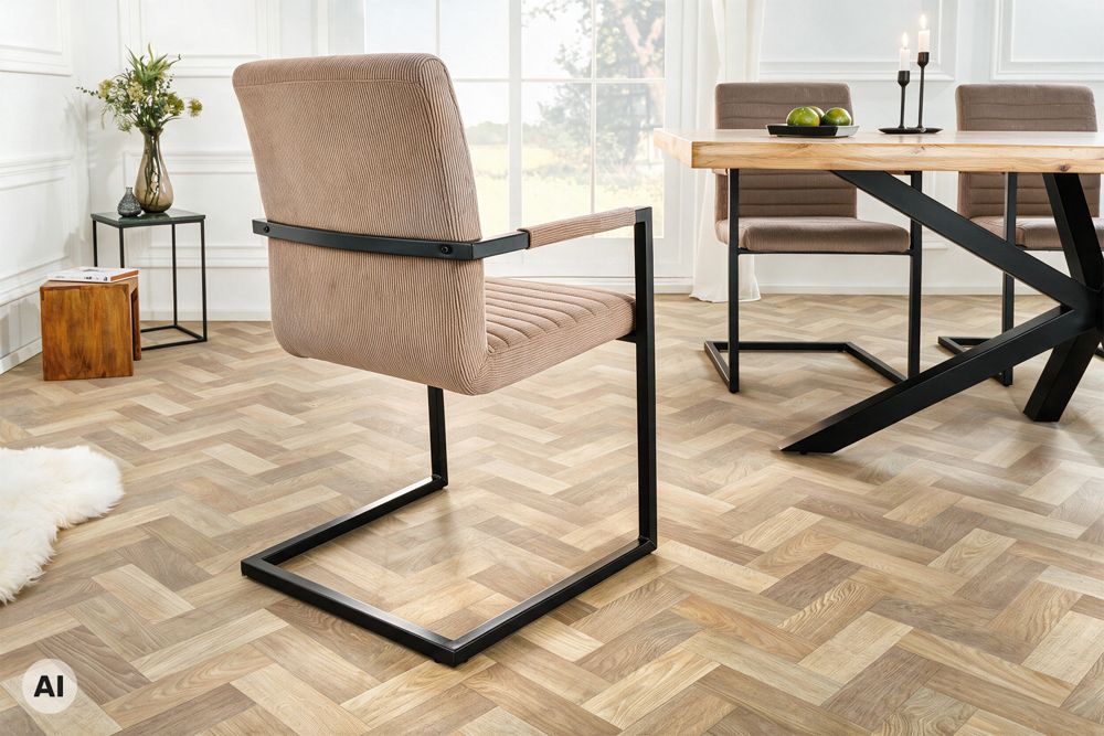 Industrial Freischwinger LOFT taupe Cord schwarz Eisen mit Armlehne