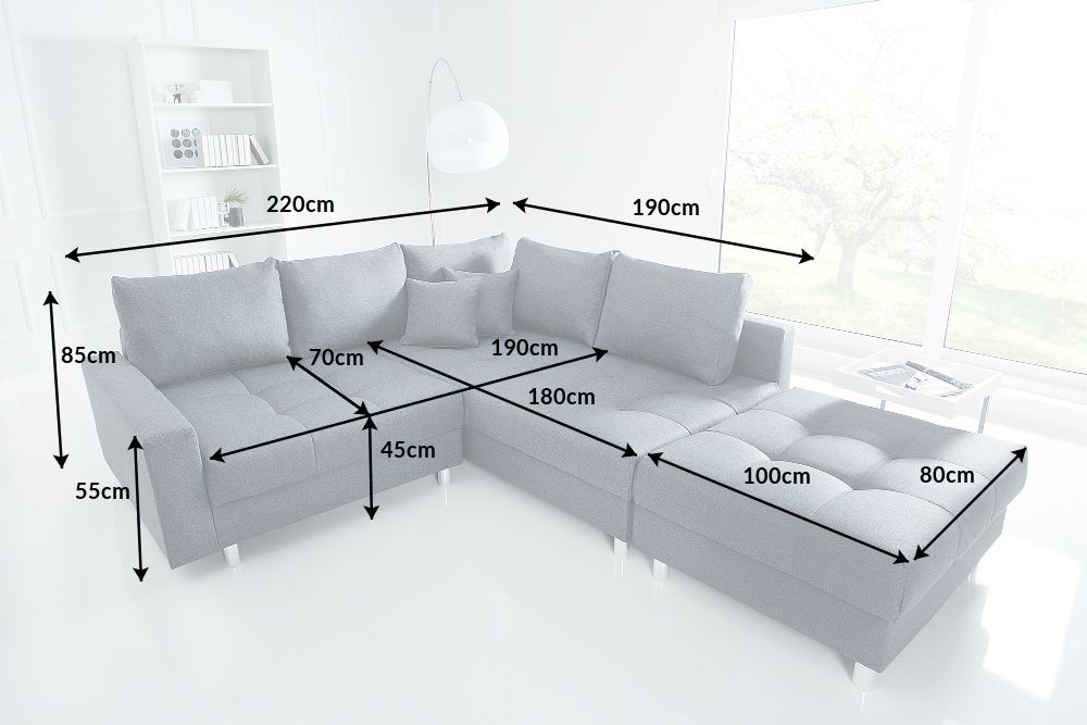 Moderne Wohnlandschaft KENT 220cm anthrazit Ecksofa Federkern inkl. Hocker und Kissen