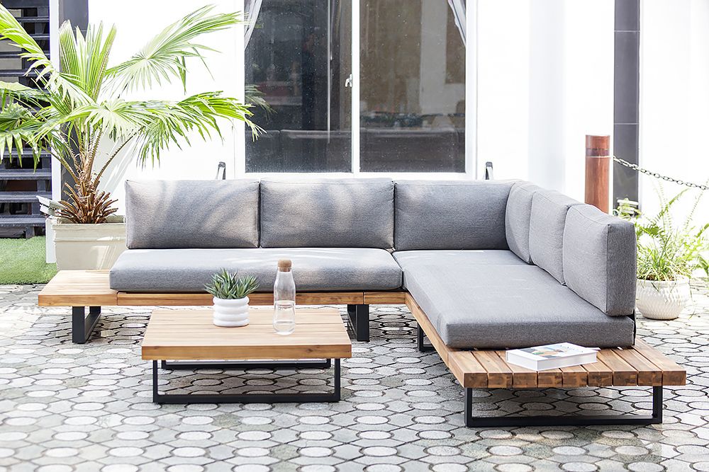 Wetterfestes Gartenlounge Set ST. BARTH 255cm grau natur Akazie Sitzecke inkl. Tisch und Kissen