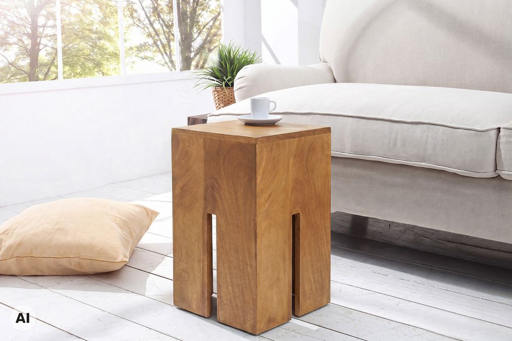 Design Beistelltisch CASTLE 45cm braun honey finish massives Mangoholz handmade