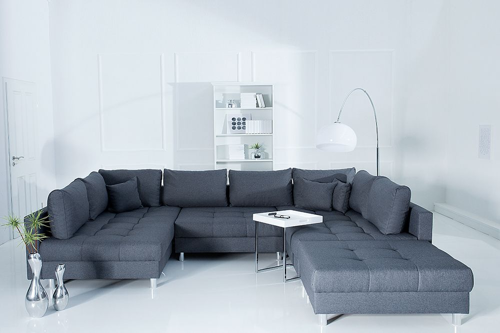 Moderne XXL Wohnlandschaft KENT 305cm anthrazit Federkern Bigsofa inkl. Hocker
