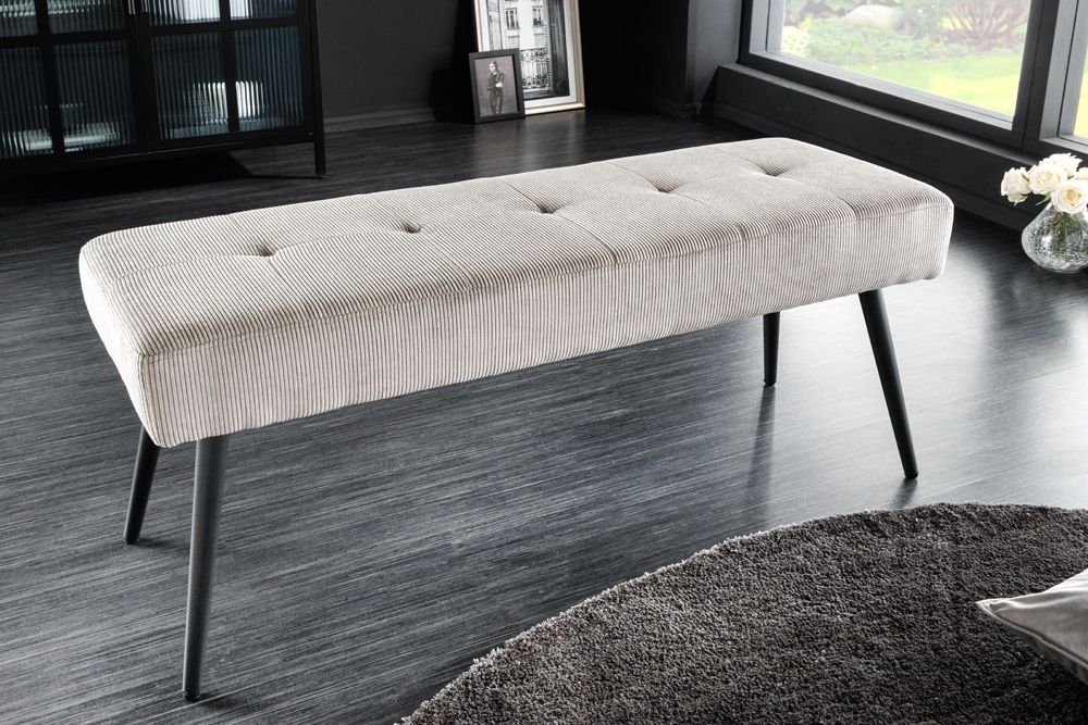 Design Sitzbank BOUTIQUE 100cm hellgrau Cord Metallbeine schwarz