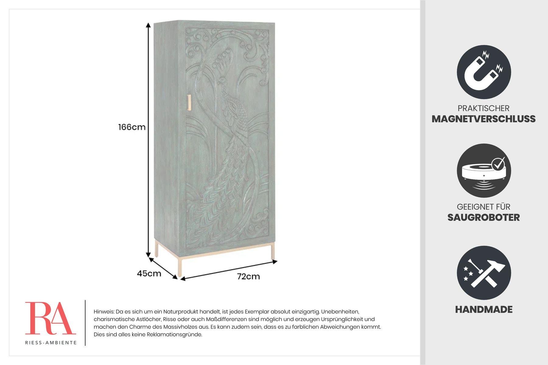 Massives Highboard PEACOCK 170cm grün Mangoholz antik 3D Schnitzerei Pfau-Design