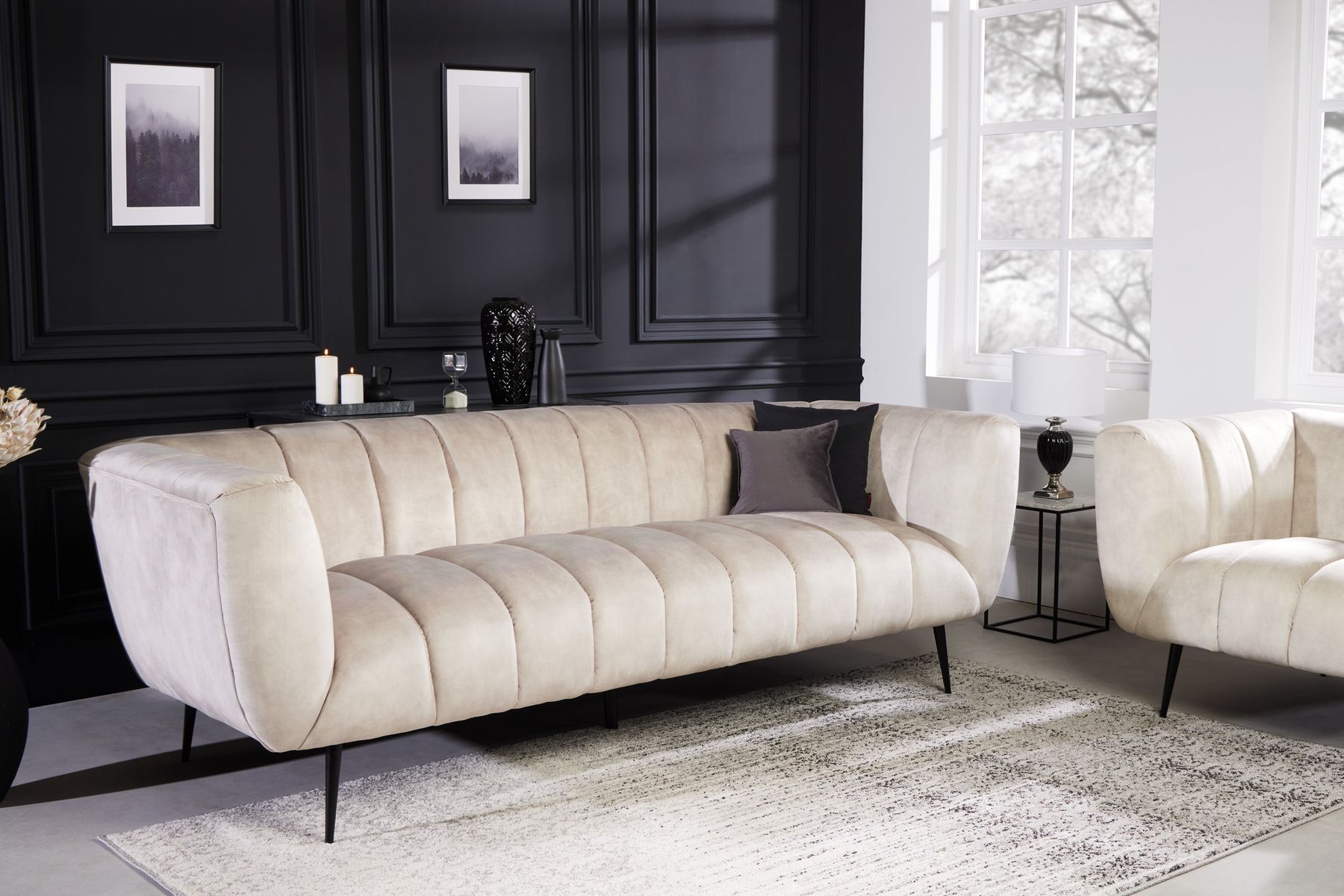 Design 3-Sitzer Sofa NOBLESSE 225cm champagner beige Samt 3-Sitzer Federkern schwarze Metallfüße